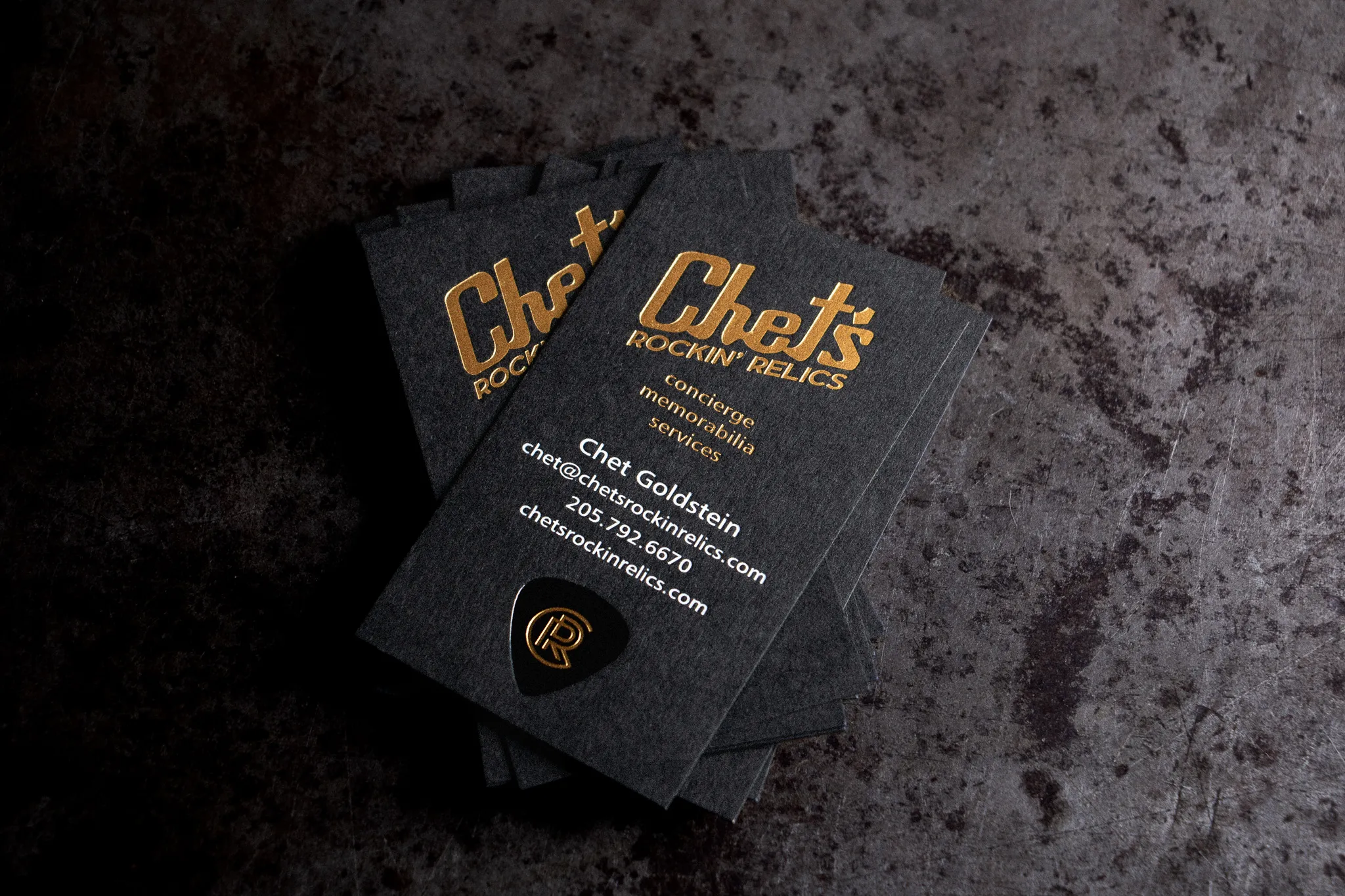 Chet's Rockin' Relics letterpress business card — front