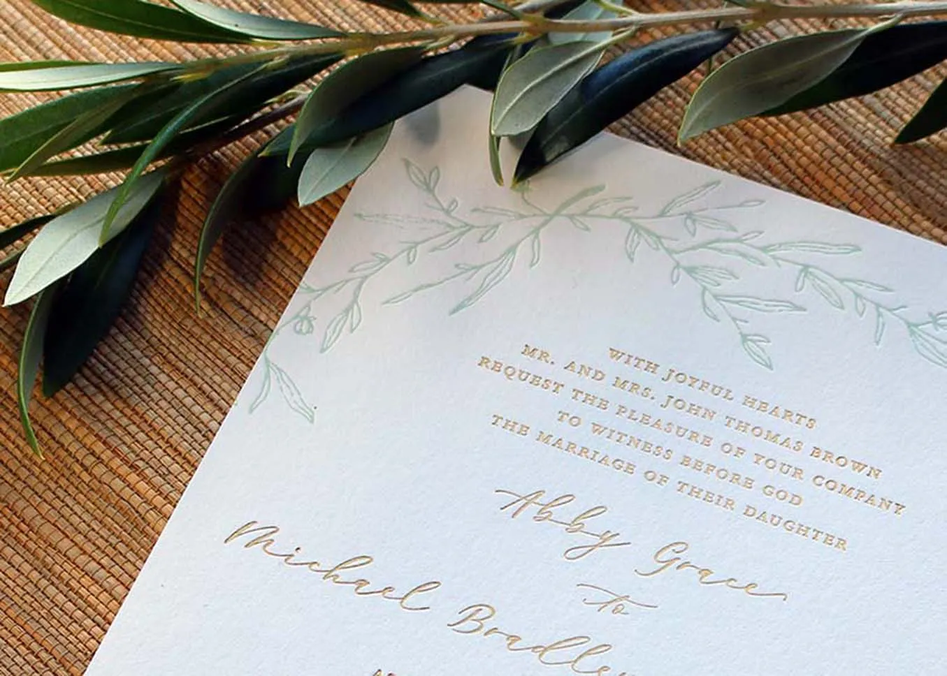 Letterpress and foil invitation — full suite