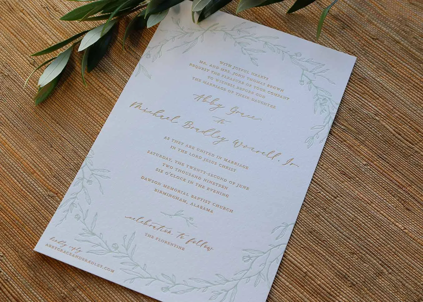 Letterpress and gold foil wedding invitation — overview