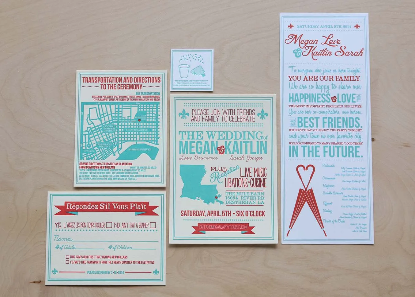 Two color letterpress invitation — full suite