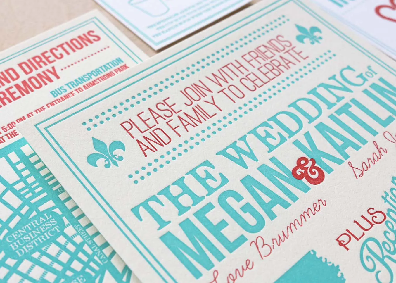 Two color letterpress wedding invitation — overview