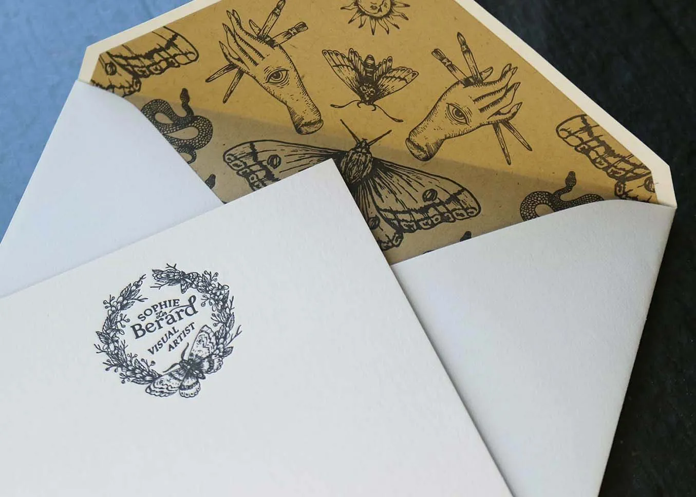 Letterpress note card with envelope liner — overview