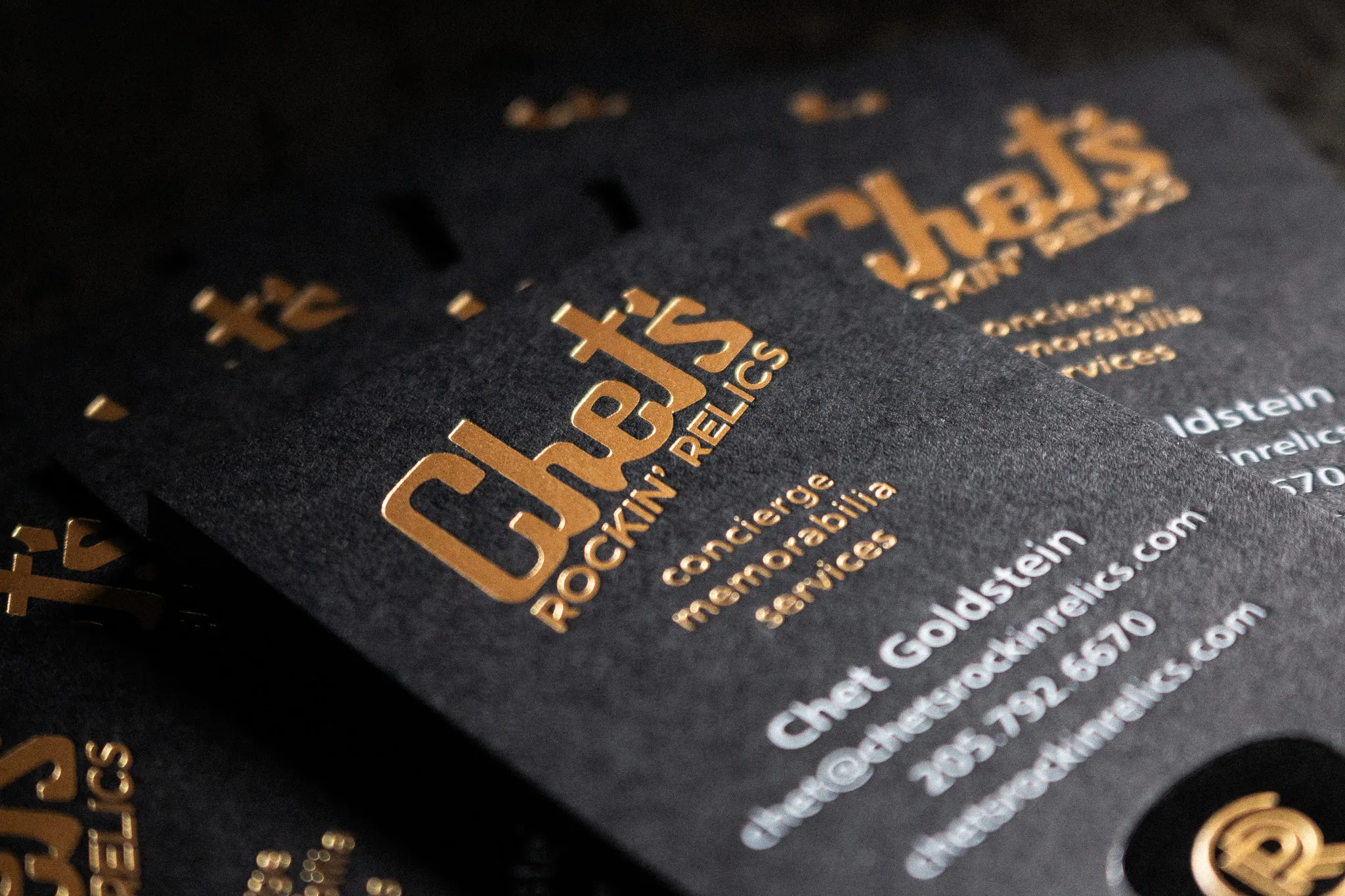 Letterpress business cards for Chet's Rockin' Relics